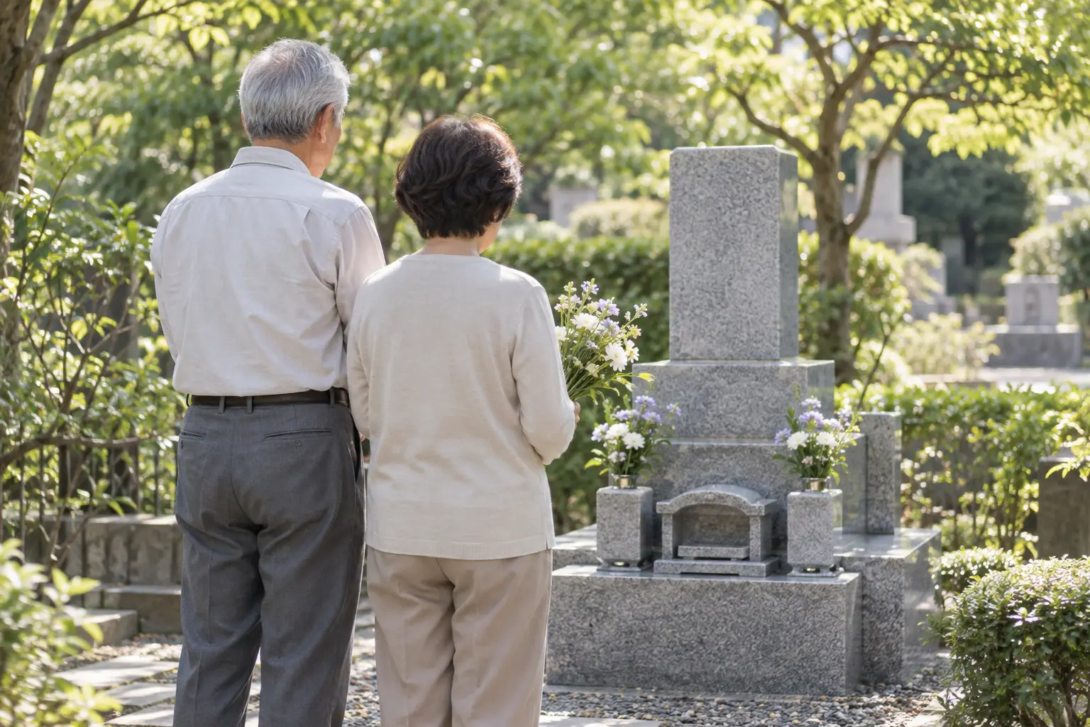 緑に囲まれたお墓の前で、花を手に並ぶ夫婦の後ろ姿