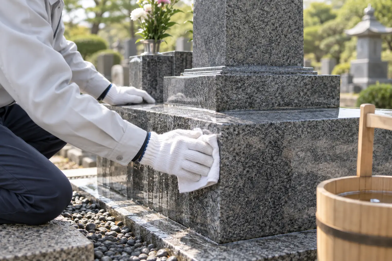 柔らかい布で墓石を丁寧に拭く手元